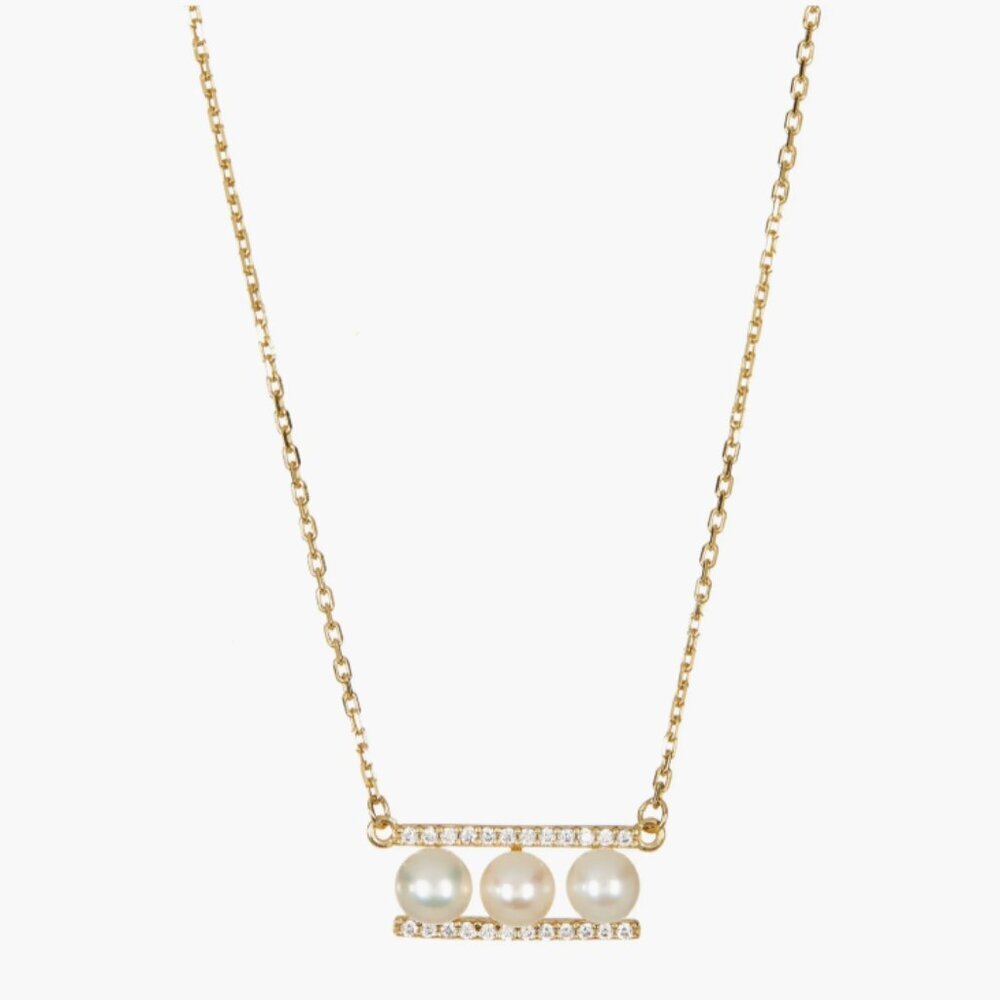 NEW Gold Plated Sterling Silver Freshwater Pearl Crystal Accented Bar Necklace​